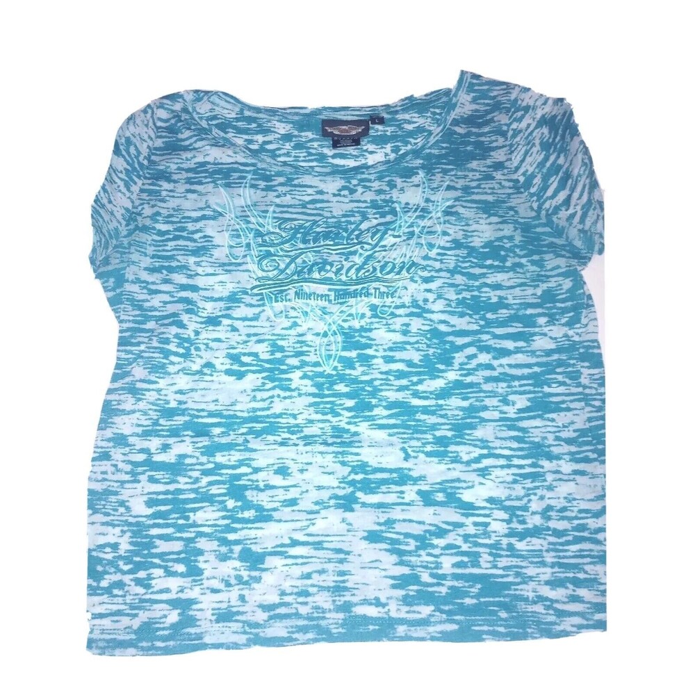 Harley Davidson Shirt Womens Size Large Top Tie Dye Baby Blue Short Sleeved